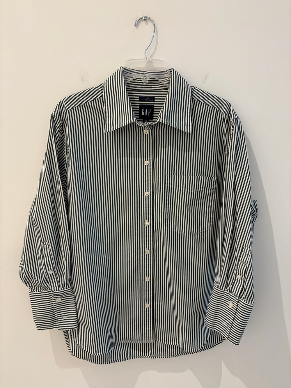 GAP Organic Poplin Cotton Big Shirt - Button-Down - Green & White Stripes